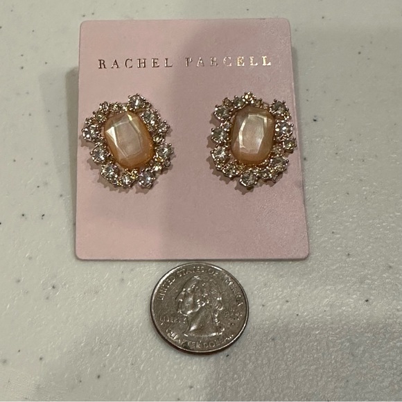 NWT Rachel Parcell Earrings gold tone rectangle peach crystal & clear rhinestone - Picture 6 of 9